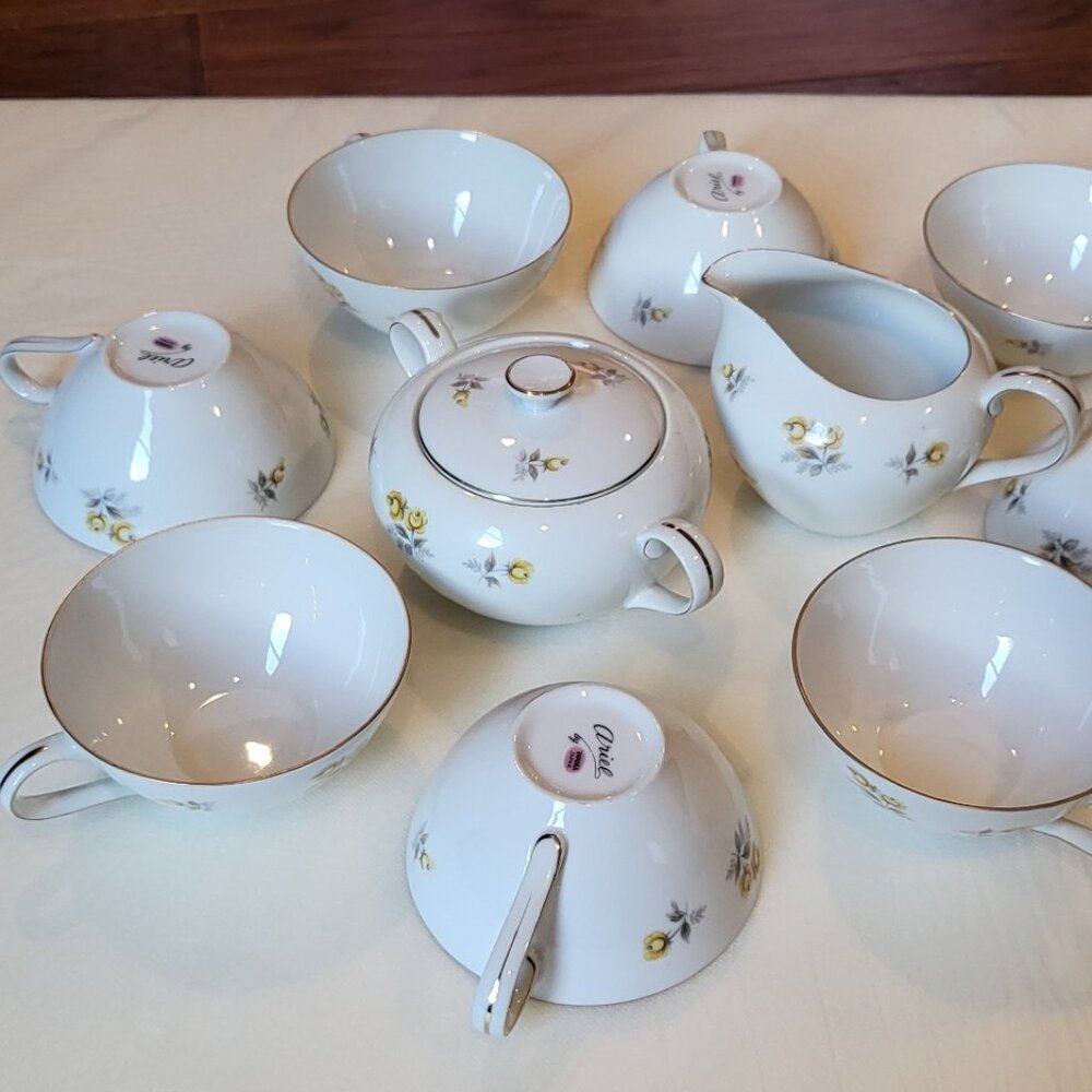 Vintage Porcelain Tea Set Ariel by Yamato Fine China Japan Serves 8 Sugar Cream